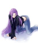  all_fours ass baggy_clothes breasts denim fate/stay_night fate_(series) glasses highres jeans large_breasts long_hair negresco pants pince-nez purple_eyes purple_hair rider seductive_smile smile solo sweater very_long_hair 