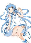  blue_eyes blue_hair blush dress hat ikamusume long_hair lying no_panties shinryaku!_ikamusume simple_background sketch solo tentacle_hair yoshihara_maito 