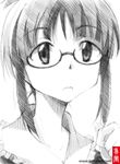  :&lt; akizuki_ritsuko glasses gofu greyscale idolmaster idolmaster_(classic) long_hair monochrome sketch solo spot_color traditional_media 