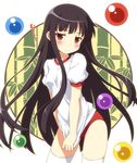  alternate_costume bamboo blush brown_eyes brown_hair buruma gym_uniform houraisan_kaguya long_hair shirt shirt_tug solo sphere thighhighs touhou very_long_hair white_legwear yamasan 