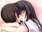  1boy 1girl black_hair blush brown_hair close-up close_up eyes_closed game_cg kawakami_momoyo kiss long_hair maji_de_watashi_ni_koi_shinasai! naoe_yamato short_hair 