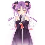  1girl bad_id bad_pixiv_id bare_shoulders bow bustier hair_bow manle microphone microphone_stand original purple_hair red_eyes short_hair solo wings 