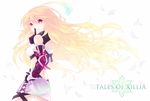  ahoge blonde_hair blue_hair copyright_name elbow_gloves gloves gradient_hair hand_on_hip kai_aki long_hair looking_back midriff milla_maxwell multicolored_hair pointing red_eyes skirt solo tales_of_(series) tales_of_xillia 