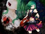  belt buckle buckles collar crying footwear green_hair guitar guitar_pick gumi instrument midriff music musical_instrument nail_polish plectrum purple_nails short_hair skirt smile socks tears vocaloid 