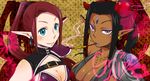  2girls blue_eyes dark_skin earrings elf fantasy horns jewelry kiseru multiple_girls necklace pipe pixiv_fantasia pixiv_fantasia_wizard_and_knight pointy_ears ponytail shoulder_pad shoulder_pads smoking 