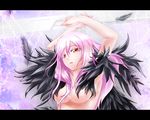  arms_up black_feathers breasts cross feathers guilty_crown jinkou_tenshi letterboxed long_hair medium_breasts nail_polish nude pink_hair solo wallpaper yellow_eyes yuzuriha_inori 