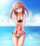  bare_shoulders bikini blurry blush breasts brown_eyes brown_hair can cleavage cloud coca-cola collarbone day depth_of_field hair_ornament hairclip hati_(19870119hy) looking_at_viewer medium_breasts ocean one_eye_closed opening original sky smile soda_can solo swimsuit thigh_gap twintails water 