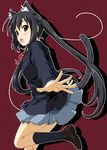  andou_tomoya animal_ears black_hair black_legwear blazer blush brown_eyes cat_ears cat_tail jacket k-on! kneehighs long_hair looking_back nakano_azusa open_mouth school_uniform simple_background skirt solo tail twintails 