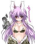  alternate_costume animal_ears blush bra breasts bunny_ears call_of_duty camouflage camouflage_bra cleavage crossover danshaku ghost_(modern_warfare_2) large_breasts lingerie long_hair navel purple_hair red_eyes reisen_udongein_inaba touhou underwear undressing upper_body 