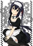  alternate_costume andou_tomoya apron black_hair black_legwear blush brown_eyes dress enmaided from_above hair_ribbon k-on! long_hair looking_up maid maid_headdress nakano_azusa open_mouth ribbon sitting skirt solo sweat thighhighs twintails wrist_cuffs yokozuwari 