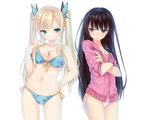  alternate_hairstyle bare_shoulders bikini black_eyes black_hair blonde_hair blue_bikini blue_eyes boku_wa_tomodachi_ga_sukunai breasts butterfly_hair_ornament caidychen cleavage cowboy_shot crossed_arms front-tie_top groin hair_ornament hand_on_hip highres hood hoodie kashiwazaki_sena large_breasts long_hair midriff mikazuki_yozora multiple_girls side-tie_bikini sleeves_pushed_up swimsuit twintails white_background 