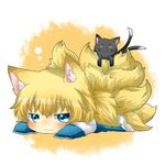  :3 animal_ears bad_id bad_pixiv_id blonde_hair blue_dress blue_eyes blush cat cat_on_person chen chen_(cat) chibi dress earrings fox_ears fox_tail jewelry lying multiple_tails no_hat no_headwear on_stomach rebecca_(keinelove) single_earring tail touhou yakumo_ran 