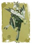  anthro armor avian beak belt chain grey_eyes hi_res leather male pinup pose regaria solo standing talons wings 