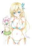  2girls aqua_bikini aqua_eyes artist_name bikini blonde_hair blue_bikini blush boku_wa_tomodachi_ga_sukunai breast_envy breasts butterfly_hair_ornament cleavage crossover demon_tail front-tie_top hair_ornament itou_kanae kashiwazaki_sena large_breasts long_hair lowres multiple_girls nana_asta_deviluke navel official_art pink_hair plaid plaid_skirt purple_eyes school_uniform seiyuu_connection side-tie_bikini signature skirt smile sweater_vest swimsuit tail to_love-ru to_love-ru_darkness twintails yabuki_kentarou 