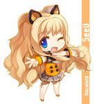  :3 animal_ears blonde_hair blue_eyes bracelet character_name chibi copyright_name fang jewelry long_hair one_eye_closed open_mouth ran_system seeu skirt smile solo vocaloid 