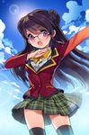 :o amy_(sword_girls) angry black_hair bow cherrypin glasses lens_flare long_hair long_sleeves looking_down lowres open_mouth outstretched_arm plaid plaid_skirt pleated_skirt pose purple_eyes school_uniform skirt solo sword_girls thighhighs 