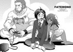  2boys assassin_(fate/zero) butterfly_sitting child child_assassin_(fate/zero) clothes_writing dark_skin fate/zero fate_(series) greyscale monochrome multiple_boys no_pants playing_games rider_(fate/zero) sitting strap_slip task_owner waver_velvet 