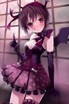  artist_request bat_wings bow bustier elbow_gloves flower frilled_legwear frills gloves gothic_lolita hairband lolita_fashion lowres purple_hair red_eyes ribbon rion_flina rose short_hair solo sword_girls thighhighs wings 