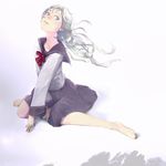  bad_id bad_pixiv_id barefoot between_legs blue_eyes earrings eclipse_(tachibana_tsukasa) floating_hair hand_between_legs jewelry long_sleeves nimirom original school_uniform serafuku silver_hair sitting skirt solo stud_earrings wariza 