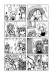  4girls 4koma :3 arm_up bad_id bad_pixiv_id braid breasts chibi clone comic crescent dirty_face greyscale hat holding_hands hong_meiling izayoi_sakuya jitome large_breasts magic maid_headdress monochrome multiple_4koma multiple_girls multiple_persona o_o open_door open_mouth patchouli_knowledge searching silent_comic spit_take spitting spoken_interrobang spoken_person tears touhou trembling twin_braids ushi victory_pose wavy_mouth 