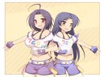  :d ahoge belt blue_hair blush breasts brown_eyes casual cleavage clothes_writing fingerless_gloves gloves idolmaster idolmaster_(classic) idolmaster_2 kisaragi_chihaya large_breasts long_hair midriff miura_azusa multiple_girls navel open_mouth red_eyes shirt short_hair shorts smile street_hopper suspenders symmetry t-shirt van-s 