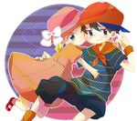  1girl :&lt; ana_(mother) arm_around_waist baseball_cap black_hair blonde_hair blue_eyes bow brown_eyes dress fedora hat hat_bow hug index_finger_raised kohori mother_(game) mother_1 ninten polka_dot scarf shirt short_twintails shorts smile striped striped_shirt twintails wristband 