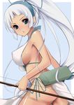  ass blue_eyes blush breasts erect_nipples hairband long_hair looking_at_viewer majikina_mina ong_hair ponytail samurai_spirits sideboob silver_hair solo 