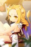  animal_ears artist_request back blonde_hair child facial_mark forehead_mark horns lion lion_ears lion_girl lion_tail looking_back lowres markings nold sash sitting solo sword_girls tail yellow_eyes younger 