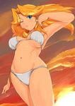  adjusting_hair bikini blonde_hair blue_eyes breasts highres large_breasts leona_garstein lips long_hair one_eye_closed shu-z solo sunset super_robot_wars swimsuit underboob 