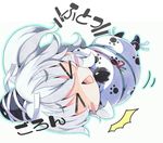  &gt;_&lt; 1girl :&lt; blush_stickers bound chibi closed_eyes futon hat hat_ribbon milkpanda mononobe_no_futo open_mouth paw_print ponytail pun ribbon silver_hair solo surprised tears tied_up touhou translation_request wrapped_up 
