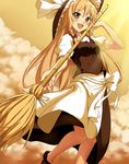  apron bamboo_broom blonde_hair blush braid broom cloud hat kirisame_marisa lens_flare long_hair no_socks oguro_(xhlj) open_mouth side_braid smile solo sunset touhou very_long_hair waist_apron witch_hat yellow_eyes 