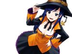 blue_eyes blue_hair breasts cleavage dream_c_club dream_c_club_(series) dream_c_club_zero halloween hand_on_headwear hand_on_hip hands hat highres large_breasts no_bra open_mouth reika_(dream_c_club) simple_background smile solo tachibana_roku witch_hat 