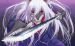  anthro black_nose canine clothed clothing fox hair japanese_clothing kimono koi_(artist) long_hair long_white_hair looking_at_viewer male mammal red_eyes solo sword weapon white_hair 