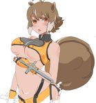  animal_ears blazblue breasts brown_hair fingerless_gloves gloves highres large_breasts lips looking_at_viewer makoto_nanaya masa_ok midriff miniskirt multicolored_hair navel orange_skirt revealing_clothes short_hair simple_background sketch skirt solo squirrel_ears squirrel_tail tail tonfa two-tone_hair underboob weapon 