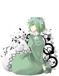  bad_id bad_pixiv_id dress floral_print flower ghost_tail green_dress green_eyes green_hair hachi-kun head_wreath long_sleeves looking_away multiple_tails no_hat no_headwear open_mouth seiza short_hair sitting soga_no_tojiko solo tail touhou v_arms white_background 