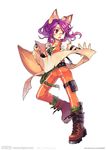  animal_ears belt boots fox_(trickster) fox_ears fox_tail glasses holster jacket knife multiple_tails open_clothes open_jacket open_mouth pants purple_eyes purple_hair scroll sheath sheathed solo tail thigh_holster trickster 