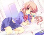  asakura_hayate bed bow cellphone darts gasai_yuno long_hair lying mirai_nikki on_side phone pink_hair smile solo 