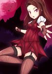  bad_id bad_pixiv_id bat brown_hair dress fang fingerless_gloves gloves hair_ornament hairband highres house idolmaster idolmaster_(classic) long_hair minase_iori my_dear_vampire outstretched_hand print_legwear purple_eyes solo spider_web_print thighhighs tsurime utatoki 