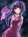  arms_behind_back bangs braid dress edobox gundam gundam_age hair_ribbon long_hair purple_eyes purple_hair purple_skirt ribbon sidelocks single_braid skirt solo yurin_leciel 