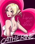  atlus bad_id bare_shoulders blonde_hair blue_eyes bra catherine catherine_(game) choker dress drill_hair female highres lingerie lipstick long_hair looking_at_viewer looking_back makeup muzy nail_polish open_mouth pink_ribbon ribbon solo twin_drills twintails underwear white_dress 