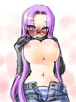  blush breasts cleavage denim fate/stay_night fate_(series) glasses huge_breasts jeans kogaku_kazuya long_hair mouth_hold navel nipples open_fly panties pants purple_eyes purple_hair rider shirt_lift sketch solo striped striped_panties sweater translucent_hair tsurime underwear unzipped very_long_hair 