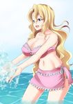  bandeau bare_shoulders bikini blonde_hair breasts cerberus_(manga) cleavage collarbone frills karatachi_fuyuko large_breasts long_hair navel open_mouth pink_bikini pink_sarong sarong skindentation solo splashing swimsuit very_long_hair wading wavy_hair zanku 