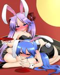  =_= alcohol animal_ears ass ass_grab bare_legs blush bunny_ears bunny_girl bunnysuit drunk hiiragi_kagami izumi_konata kogaku_kazuya lucky_star mole mole_under_eye multiple_girls purple_hair sake saliva saucer wrist_cuffs yuri 