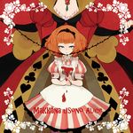  alice_(wonderland) alice_in_wonderland bad_id bad_pixiv_id blue_eyes bow breasts bridal_gauntlets cleavage club_(shape) diamond_(shape) dress hair_bow head_out_of_frame heart l_hakase medium_breasts multiple_girls orange_hair paint paintbrush plant playing_card_theme puffy_sleeves queen_of_hearts romaji short_hair short_sleeves spade_(shape) thorns translated trim_brush vines 