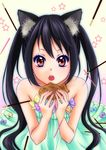  animal_ears black_hair brown_eyes cat_ears dress food k-on! long_hair nakano_azusa pocky rapi solo taiyaki twintails wagashi 