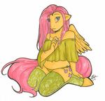  anthrofied blue_eyes cutie_mark deejayhan equine equine_legs female fluttershy_(mlp) friendship_is_magic fur hair mammal my_little_pony pegasus pink_hair plain_background solo white_background wings yellow_fur 