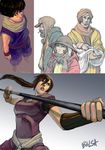  3boys baby balsa breasts brown_hair cigarette collage dragon_ball dragon_ball_z fighting_stance gin_(tokyo_godfathers) hana_(tokyo_godfathers) large_breasts lips miyuki_(tokyo_godfathers) multiple_boys multiple_girls polearm ponytail rejean_dubois scarf seirei_no_moribito son_gohan tokyo_godfathers vambraces weapon 