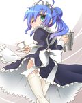  ahoge alternate_hairstyle apron blue_hair bow cup from_behind garters green_eyes hair_bun hair_up izumi_konata kogaku_kazuya looking_back lucky_star maid maid_headdress mole mole_under_eye one_eye_closed plate solo teacup teapot thighhighs upskirt white_legwear 