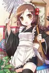  apron braid breasts broom brown_eyes brown_hair flower frills japanese_clothes jin_young-in long_hair lowres maid maid_headdress medium_breasts open_mouth solo sword_girls thighhighs wa_maid 