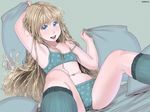  armpits blonde_hair blue_eyes dated flat_chest long_hair original pillow smile sofia_(zenkou) solo strap_slip zenkou 